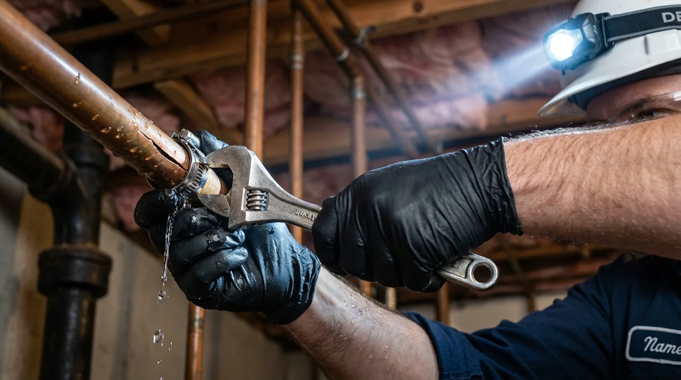 Emergency pipe clamp repair being performed by a Johns Plumbing LLC plumber in Tucker