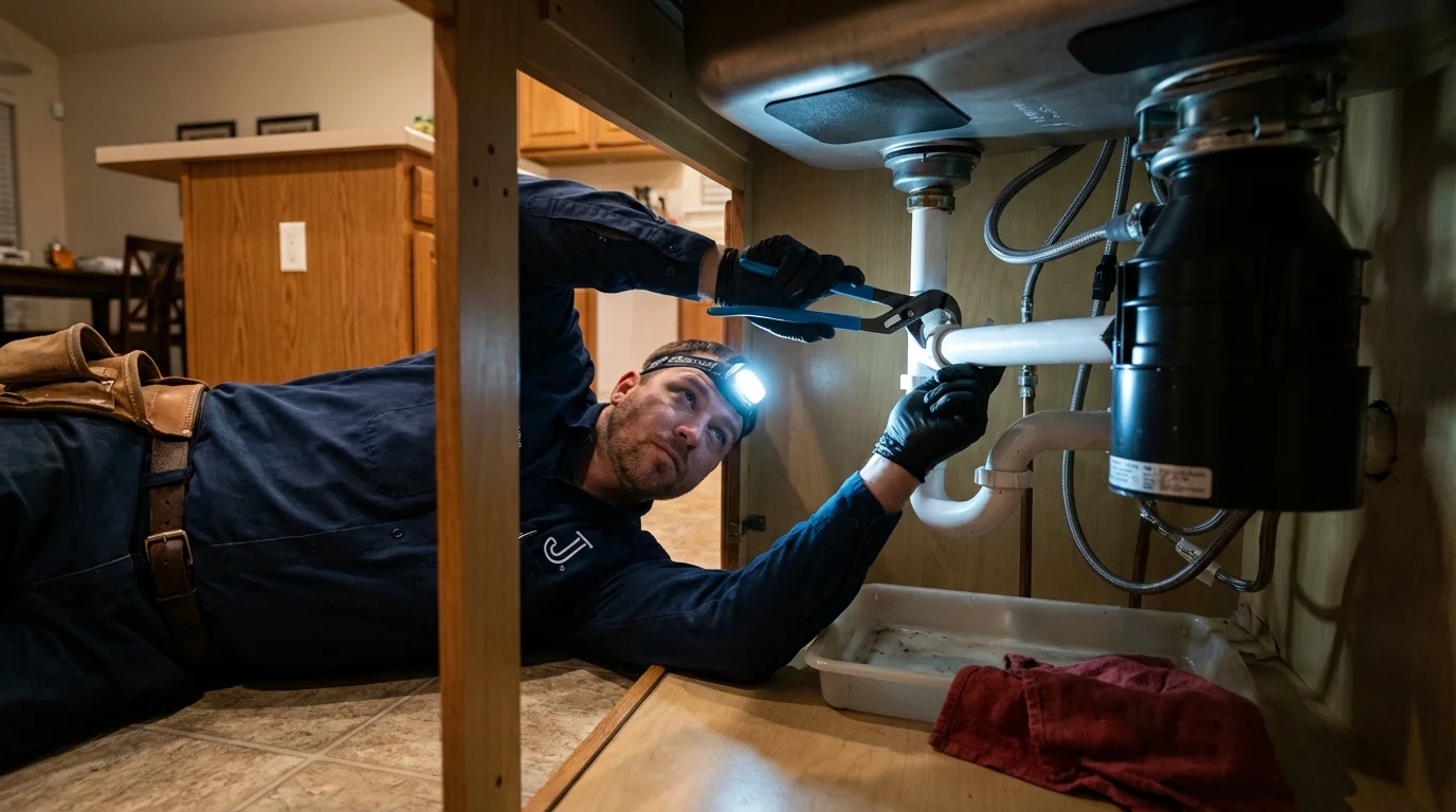 P-trap and supply line connections under a kitchen sink showing a common leak point in Tucker, GA